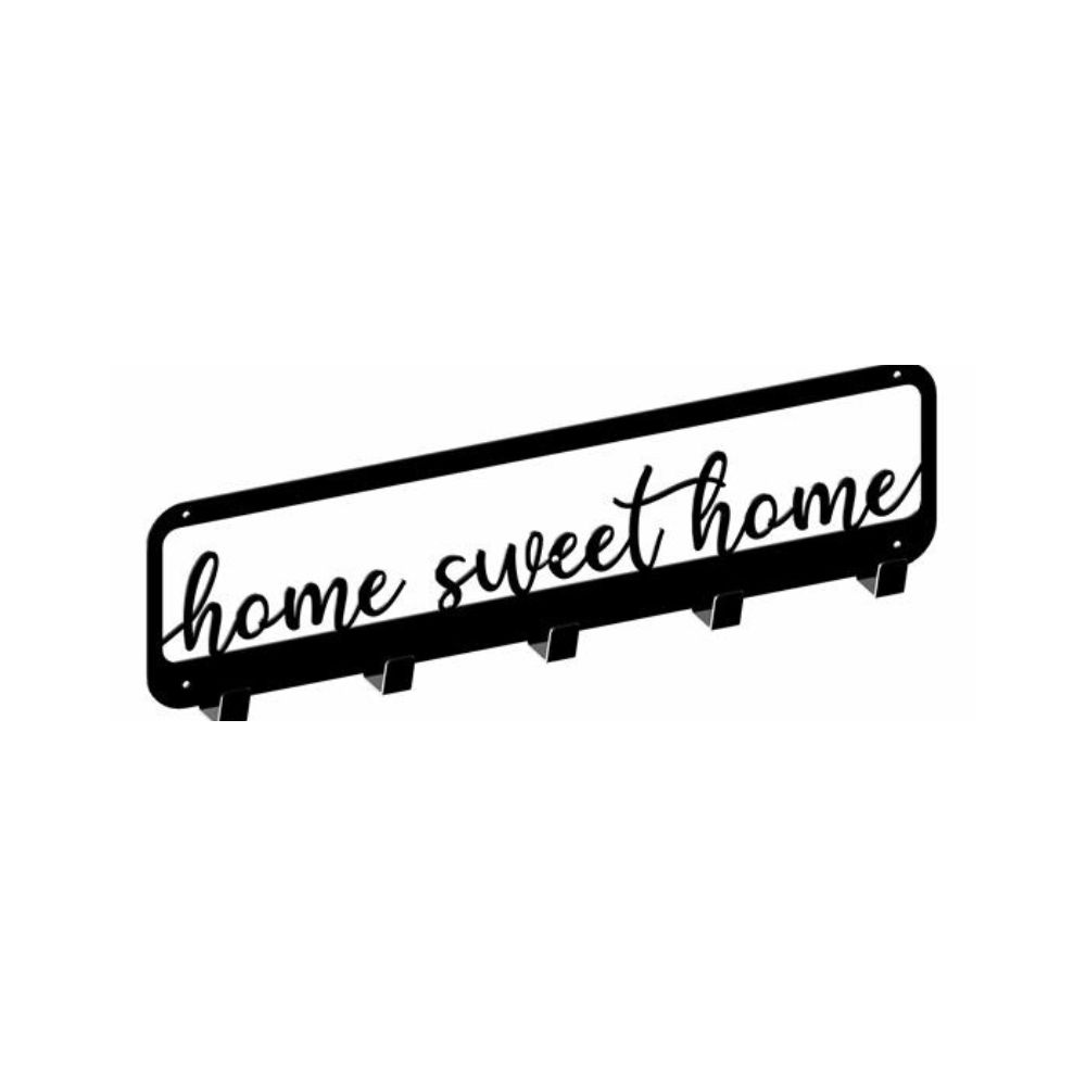 Μία μαύρη μεταλλική κρεμάστρα 8 θέσεων που γράφει home sweet home