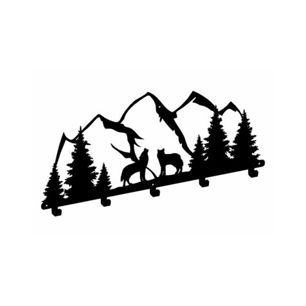 Μία μαύρη μεταλλική κρεμάστρα 5 θέσεων με σχέδιο βουνά, λύκους και δέντρα