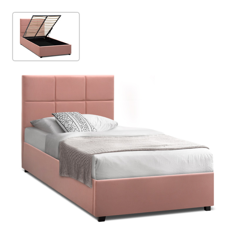 Κρεβάτι Kingston Megapap βελούδινο με αποθηκευτικό χώρο χρώμα melon pink 100x200εκ.