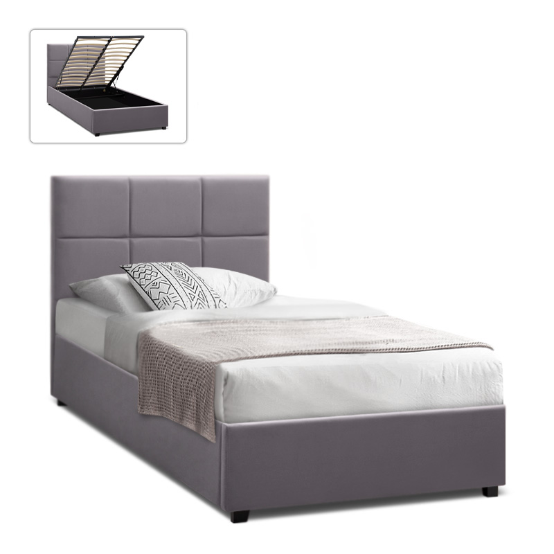 Κρεβάτι Kingston Megapap βελούδινο με αποθηκευτικό χώρο χρώμα γκρι 100x200εκ.