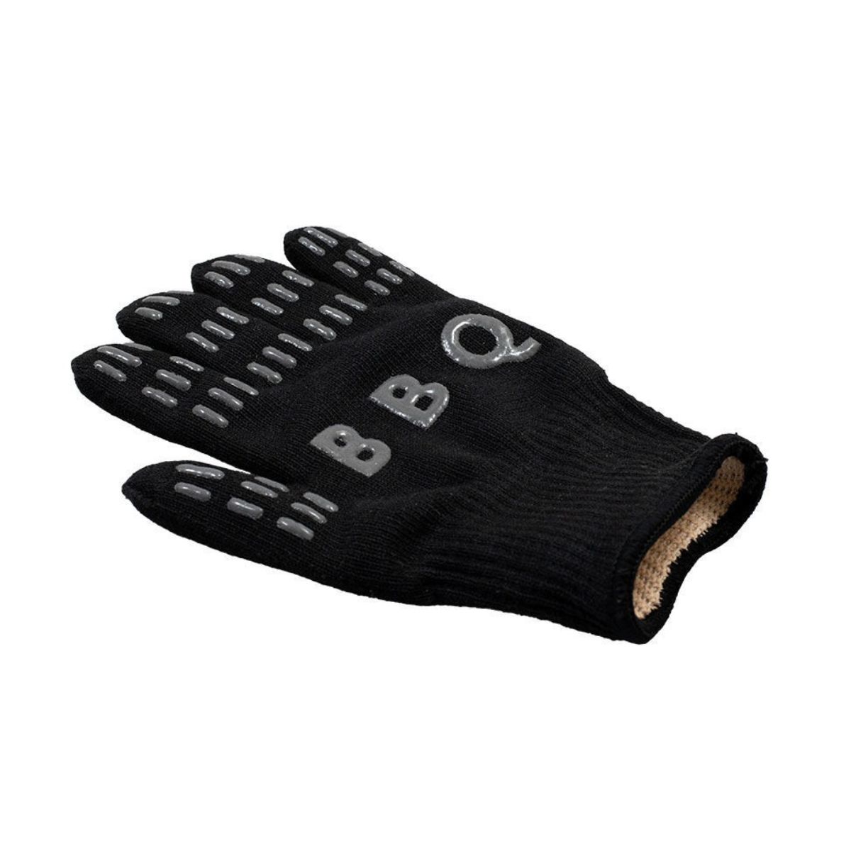 Ένα μαύρο βαμβακερό γάντι ψησίματος με αντιολισθητική επίστρωση σιλικόνης φωτογραφισμένο πλάγια