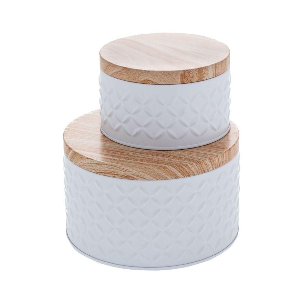 Δύο στρόγγυλα μεταλλικά λευκά κουτιά αποθήκευσης γλυκισμάτων με ξύλινο καπάκι