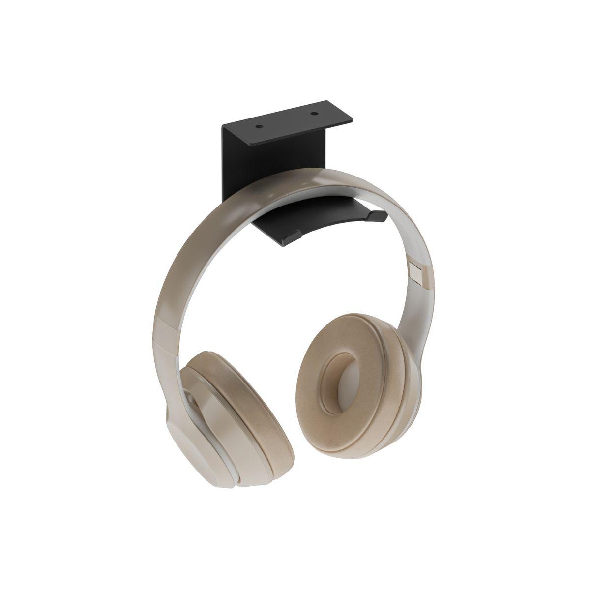 Μία μαύρη μεταλλική βιδωτή βάση ακουστικών από χάλυβα με μπεζ ακουστικά