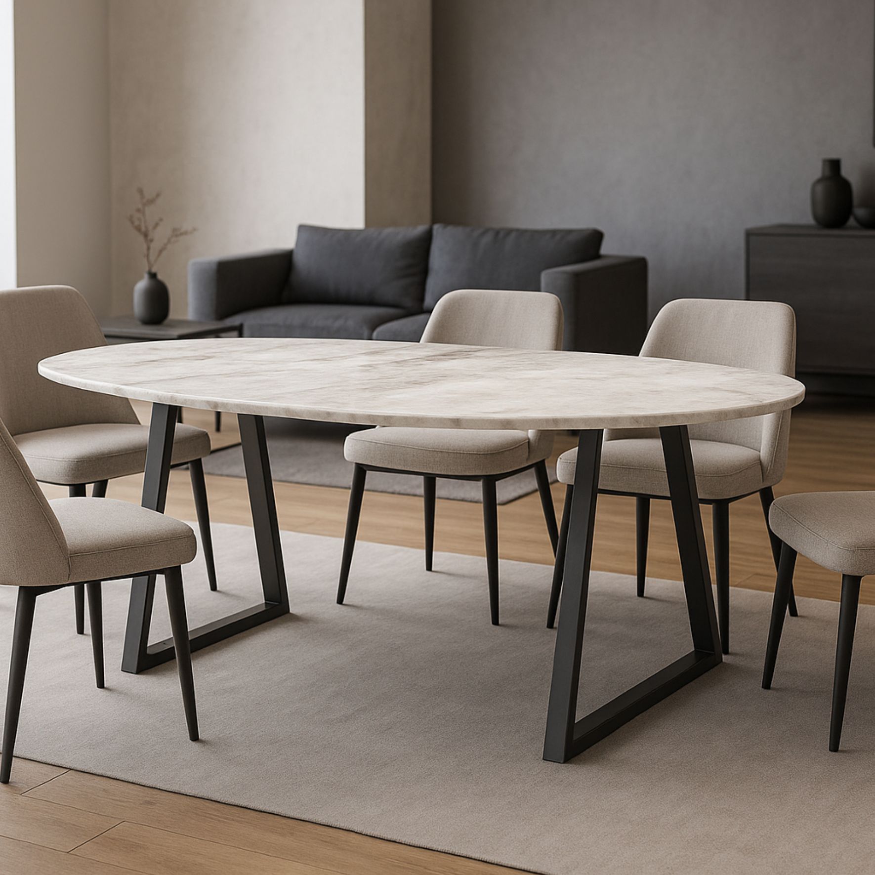 Οβάλ τραπεζαρία με επιφάνεια λευκό μάρμαρο και μεταλλικές βάσεις τύπου Δ 55x71 cm σε μαύρο ματ