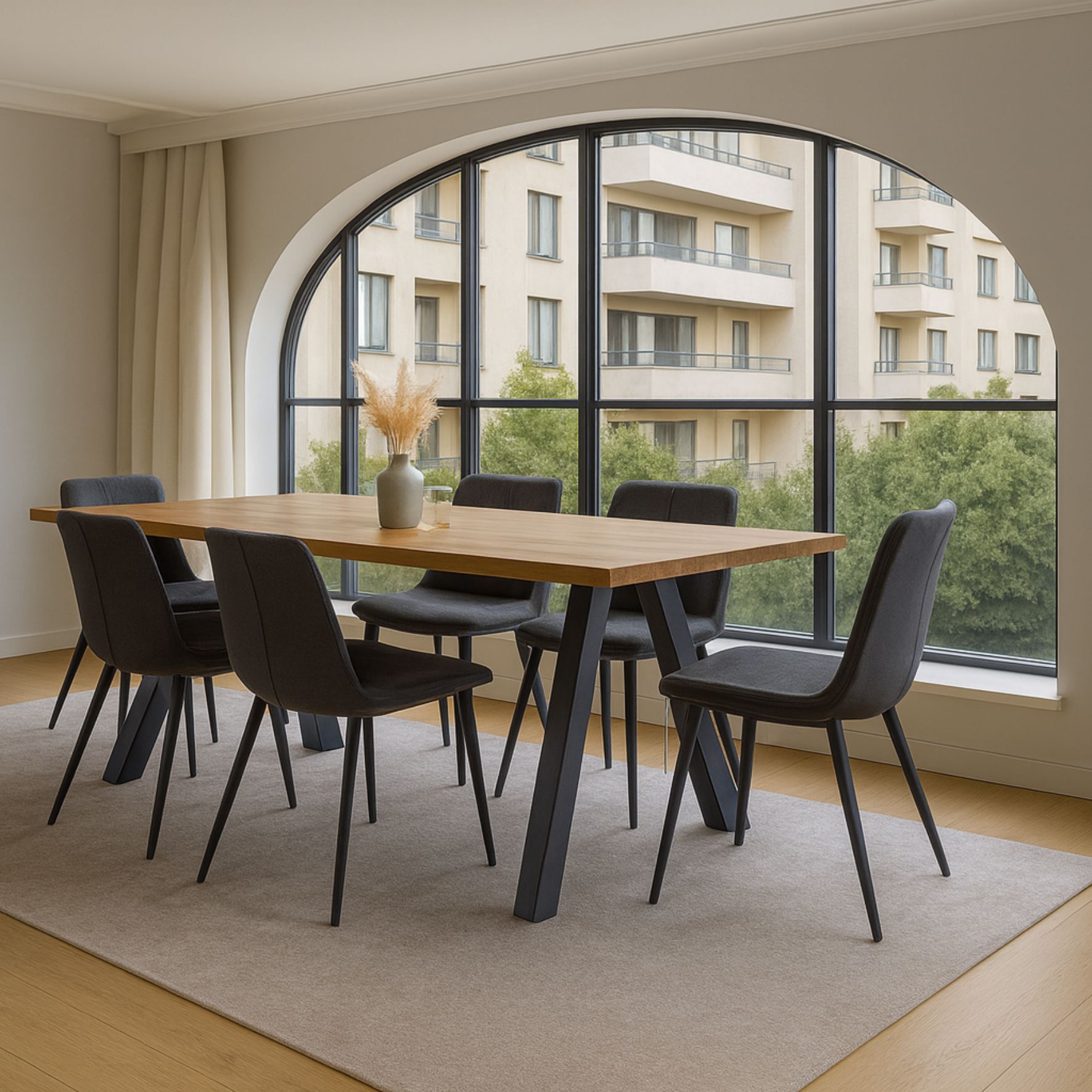 Τραπέζι τραπεζαρίας με μεταλλικά πόδια Creative Home και ξύλινη επιφάνεια, σε μοντέρνο σαλόνι με μεγάλες καμάρες παραθύρων και γκρι υφασμάτινες καρέκλες.