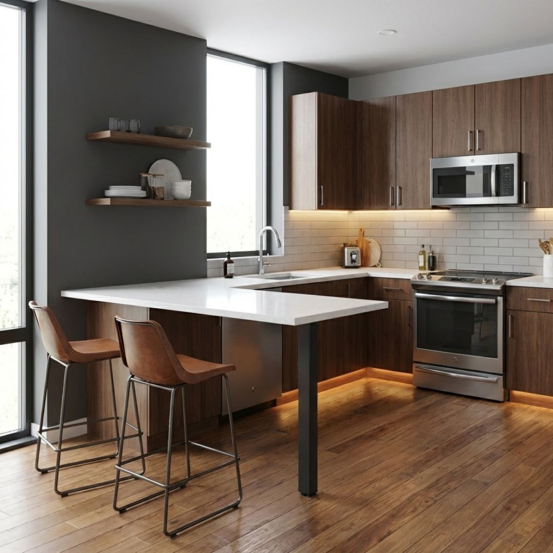 Μεταλλικό πόδι πάγκου κουζίνας 82cm σε μαύρο ματ τοποθετημένο σε μοντέρνο χώρο κουζίνας