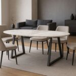 Οβάλ τραπεζαρία με επιφάνεια λευκό μάρμαρο και μεταλλικές βάσεις τύπου Δ 55x71 cm σε μαύρο ματ