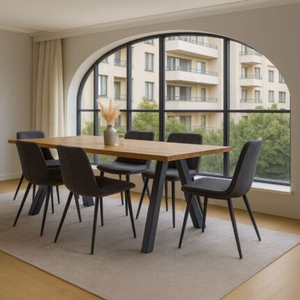 Τραπέζι τραπεζαρίας με μεταλλικά πόδια Creative Home και ξύλινη επιφάνεια, σε μοντέρνο σαλόνι με μεγάλες καμάρες παραθύρων και γκρι υφασμάτινες καρέκλες.