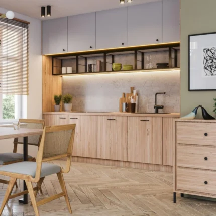 Μία κουζίνα σε δρύινη απόχρωση στης οποίας τα ράφια βρίσκονται τοποθετημένοι μαύροι μεταλλικοί σκελετοί ραφιών