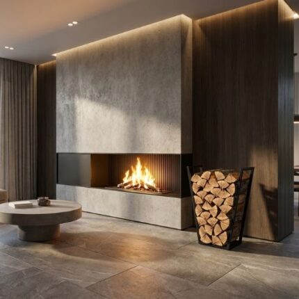 Μεταλλική βάση ξύλων τζακιού μαύρη δίπλα σε τζάκι σε μοντέρνο σαλόνι Creative Home