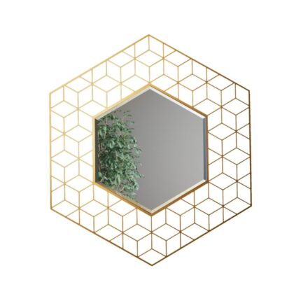 Ένας μεγάλος μεταλλικός γεωμετρικός χρυσός καθρέπτης σε λευκό φόντο