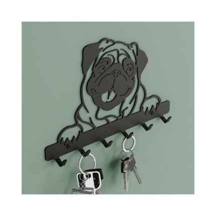 Μία μαύρη μεταλλική κρεμάστρα έξι θέσεων σε σχήμα σκύλου σε πράσινο τοίχο