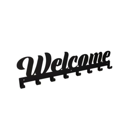 Μία μαύρη μεταλλική κρεμάστρα 8 θέσεων που γράφει welcome