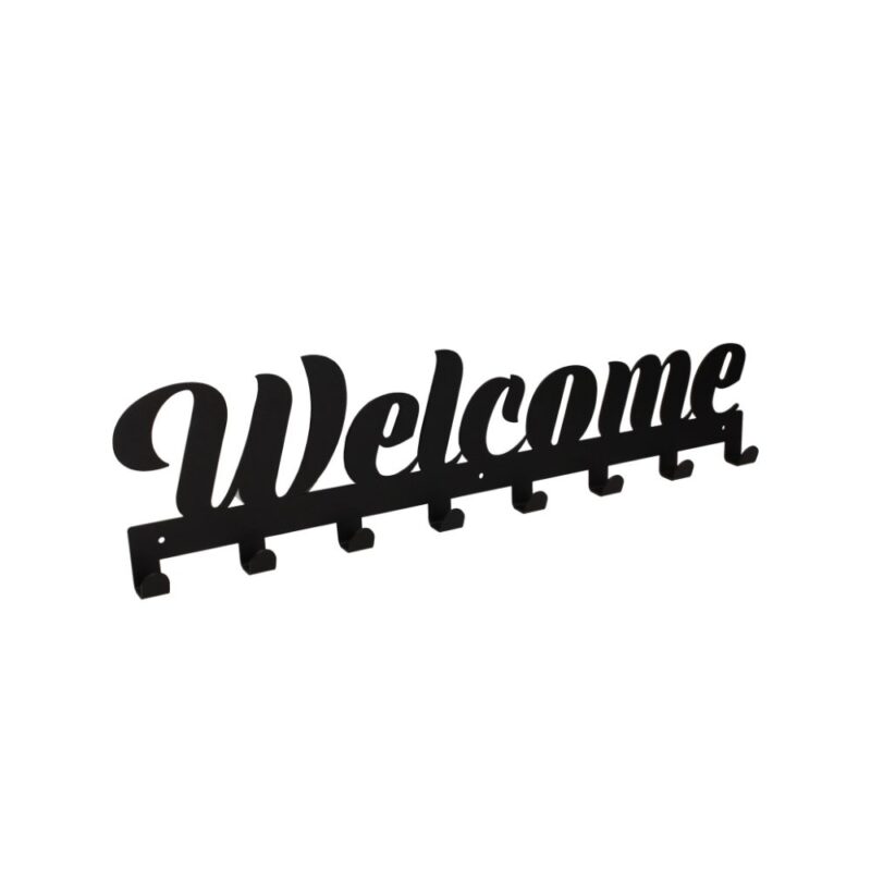 Μία μαύρη μεταλλική κρεμάστρα 8 θέσεων που γράφει welcome