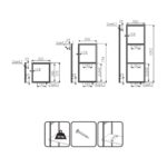 Τα γραμμικά σχέδια και οι διαστάσεις μίας λευκής μεταλλικής βάσης δομής ραφιών