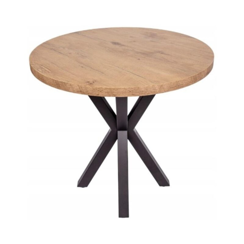Ένα τραπεζάκι με μαύρη μεταλλική βάση και μία στρόγγυλη ξύλινα επιφάνεια σε φυσικό χρώμα